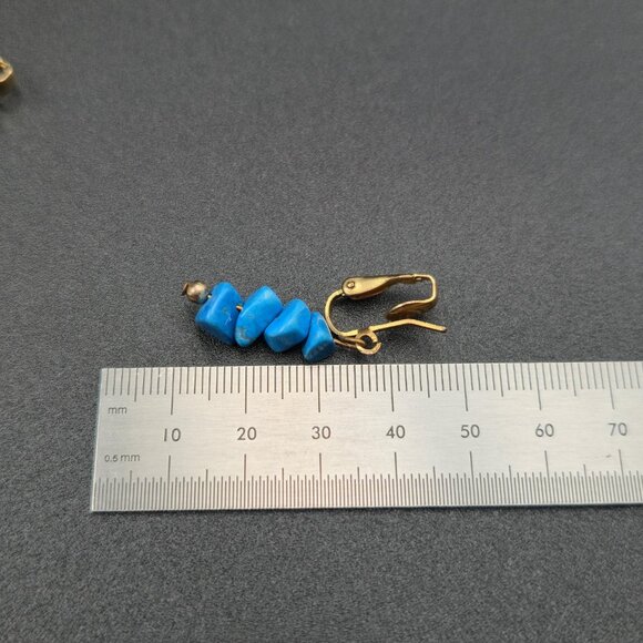 Gold Plated Blue Howlite Stone Clip On Dangle Earrings A6281 - Picture 4 of 5